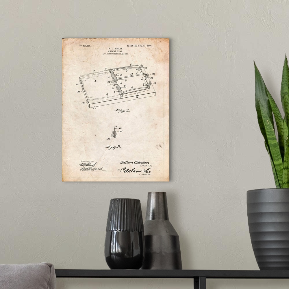 A modern room featuring Vintage Parchment Rat Trap Patent Print