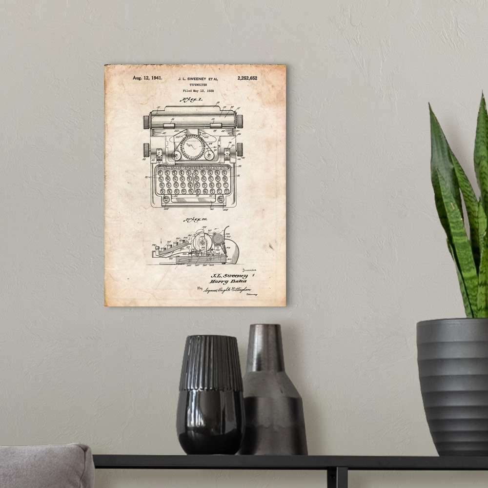 A modern room featuring Vintage Parchment School Typewriter Patent Poster