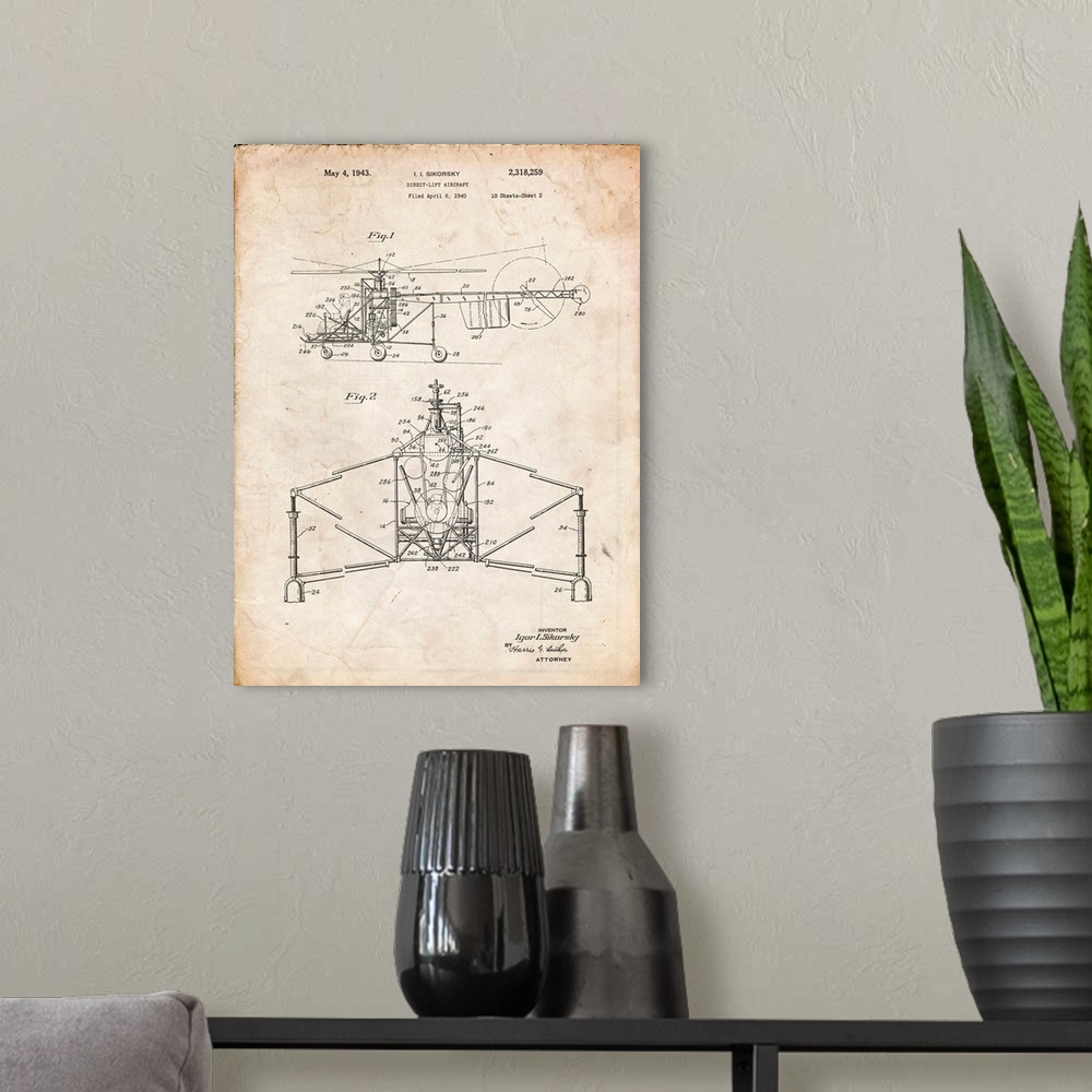A modern room featuring Vintage Parchment Sikorsky S-47 Helicopter Patent Poster
