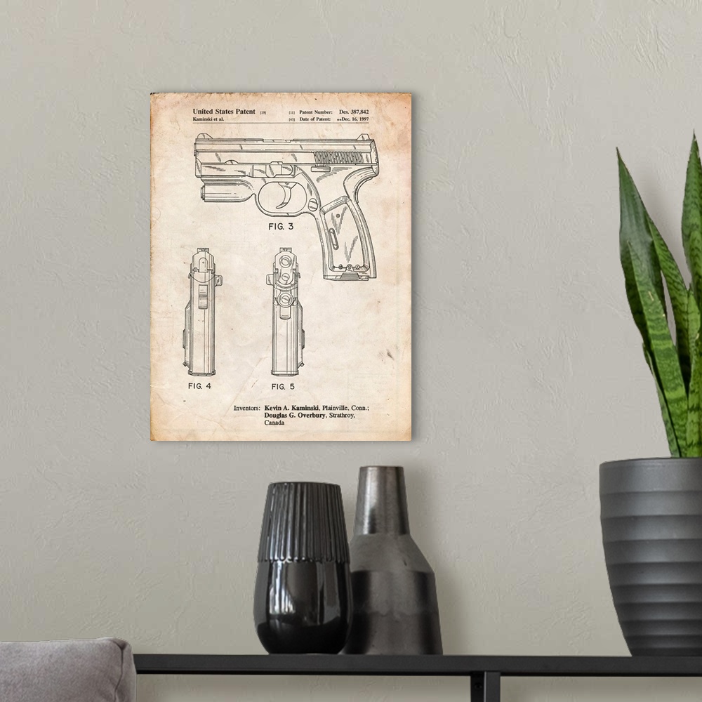 A modern room featuring Vintage Parchment T 1000 Laser Pistol Patent Poster
