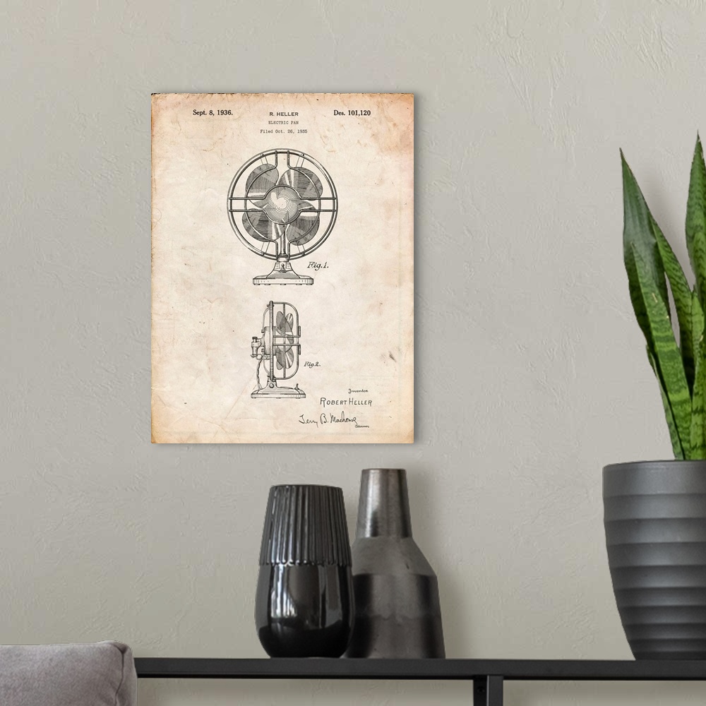 A modern room featuring Vintage Parchment Table Fan Patent Poster