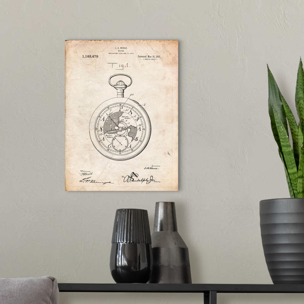 A modern room featuring Vintage Parchment U.S. Watch Co. Pocket Watch Patent Poster