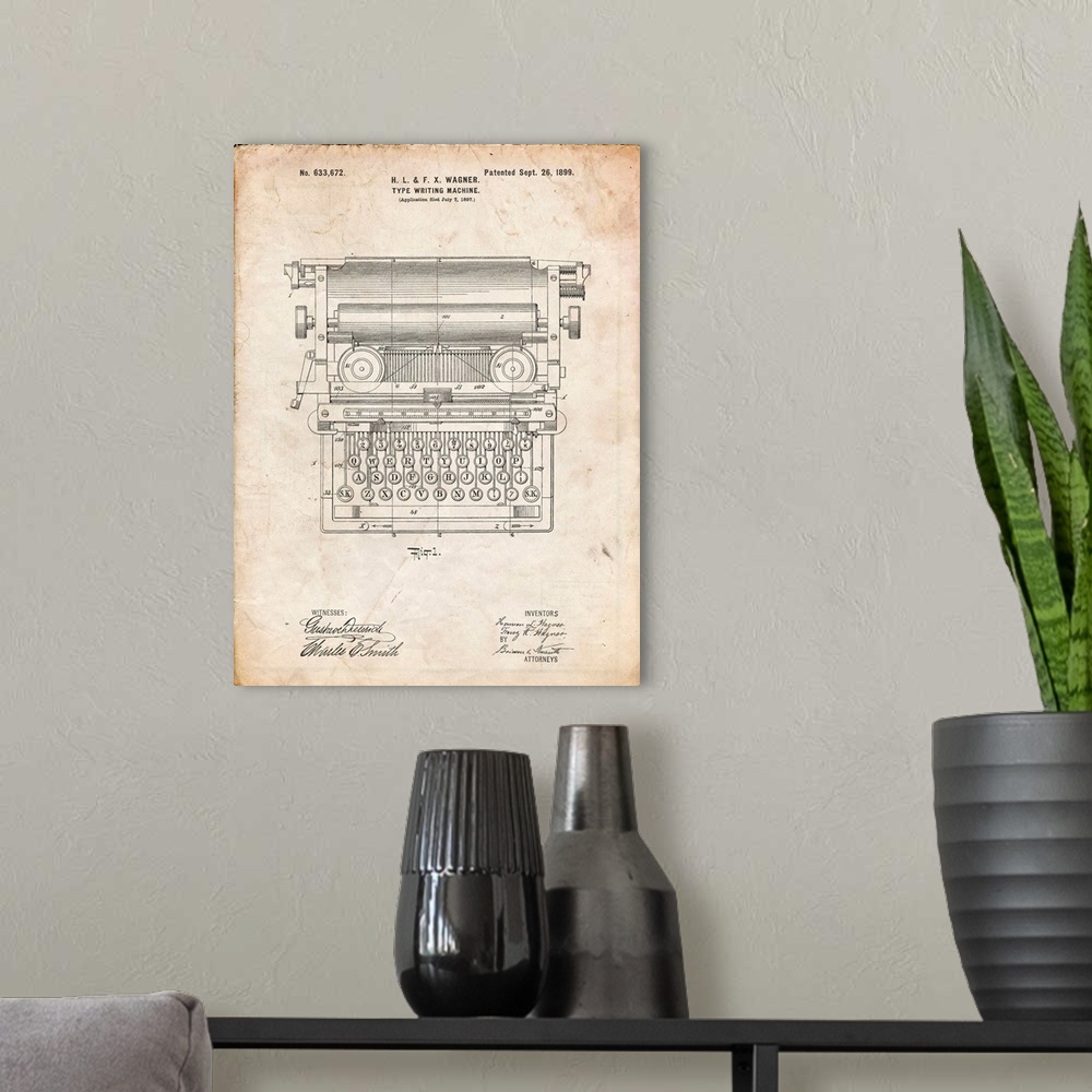 A modern room featuring Vintage Parchment Underwood Typewriter Patent Poster