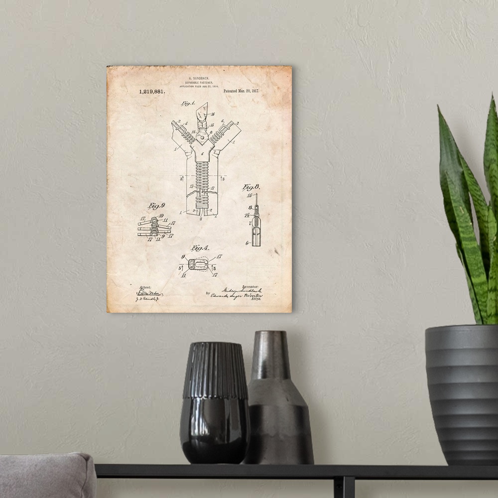 A modern room featuring Vintage Parchment Zipper 1917 Patent Poster