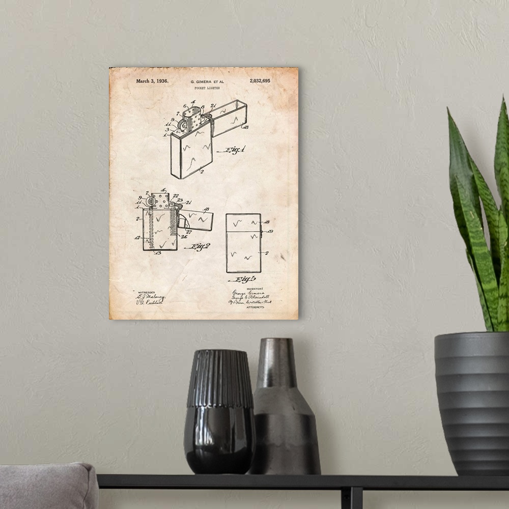 A modern room featuring Vintage Parchment Zippo Lighter Patent Poster