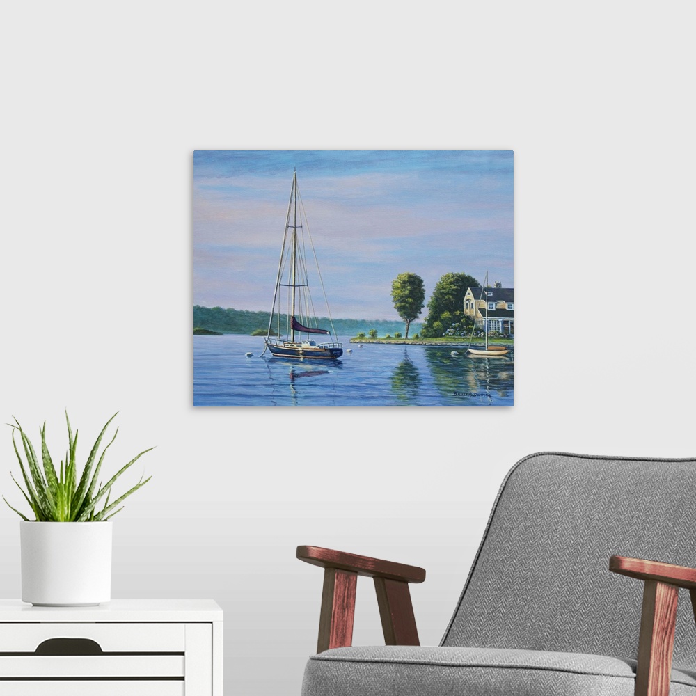 A modern room featuring Contemporary artwork of a sail boat next to a house.