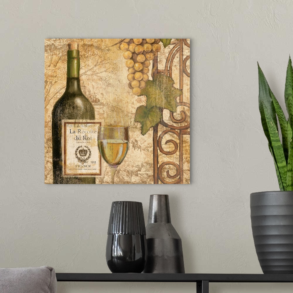 A modern room featuring wine , grapes,  glass, label