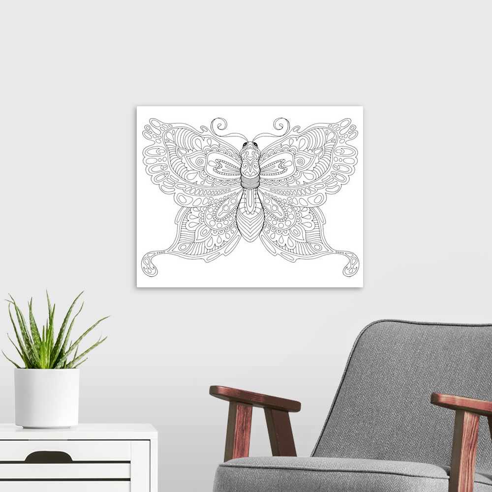 A modern room featuring Black and white line art of an intricately designed butterfly.