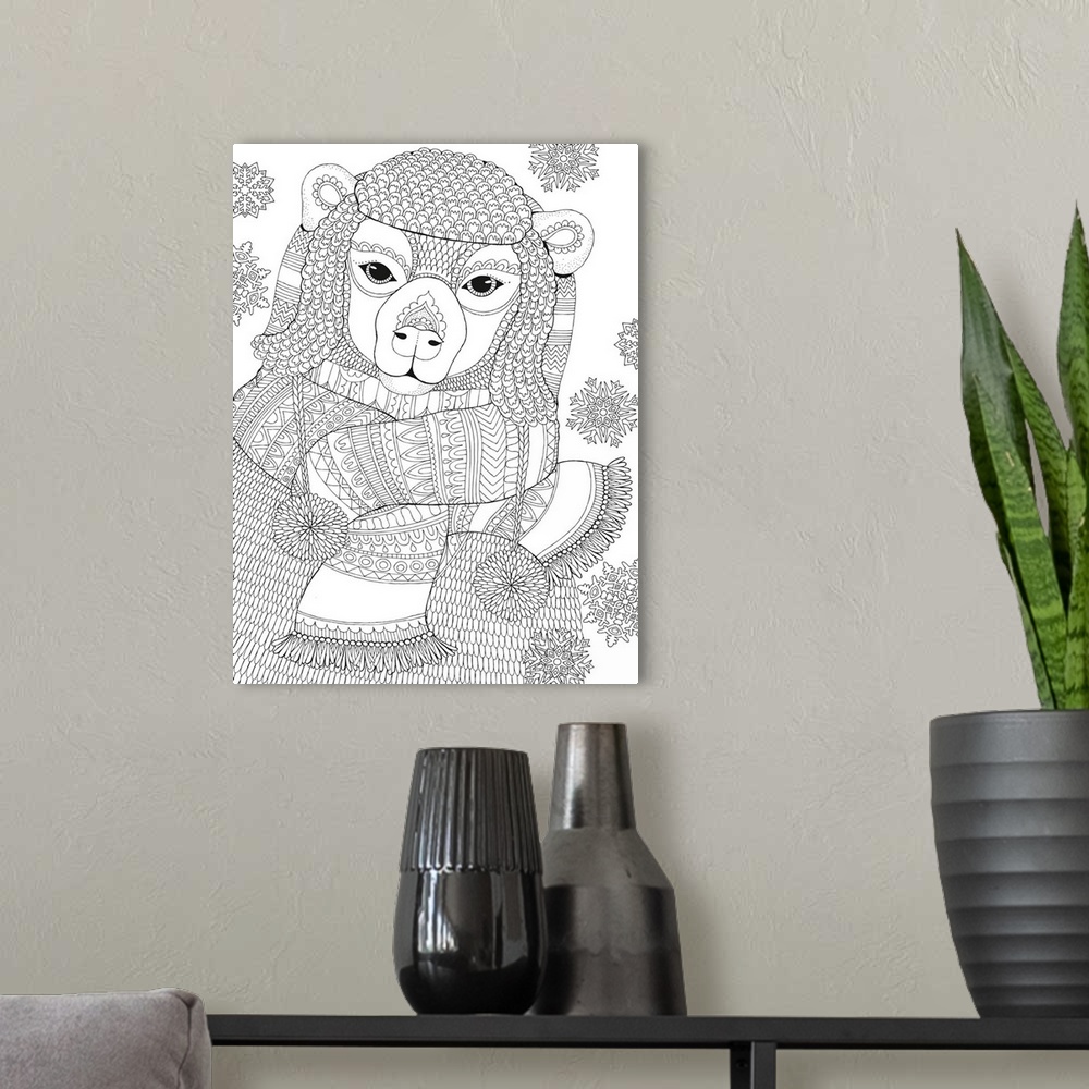 A modern room featuring Winter themed black and white line art of a cute polar bear wearing a Winter hat, sweater, and sc...