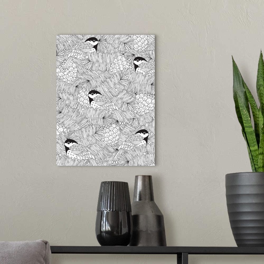 A modern room featuring Contemporary lined art with designed birds, leaves, and pine cones.