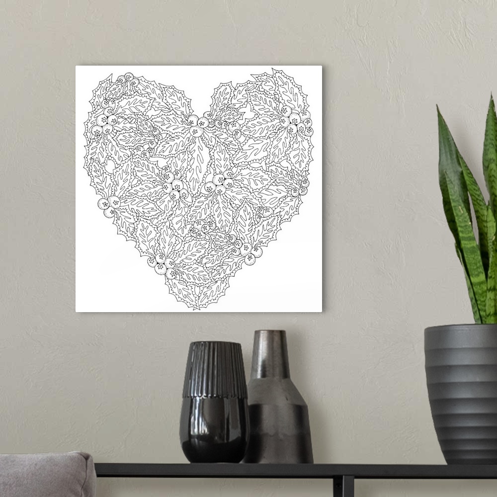 A modern room featuring Black and white lined design of a heart made up of mistletoe and holly.
