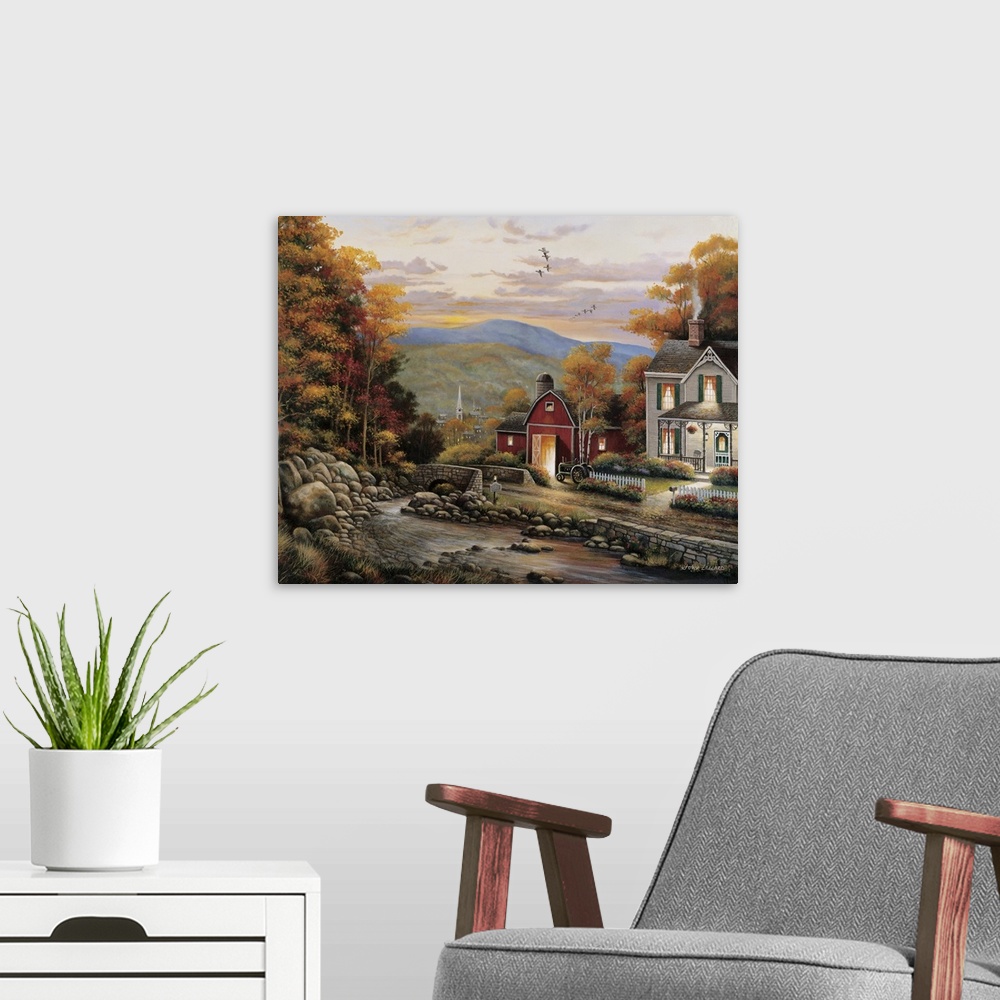 A modern room featuring Ducks flying over farm and house by river during fall.