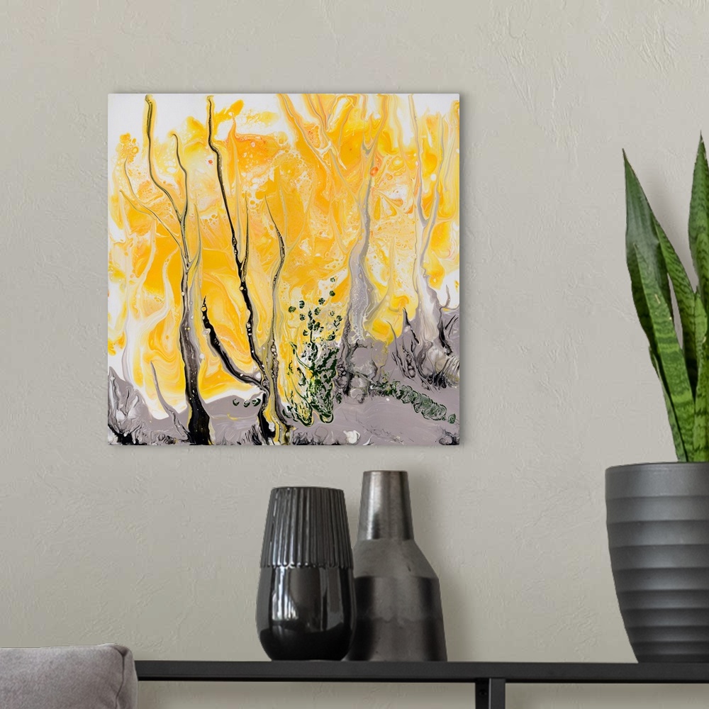 A modern room featuring Pour painting of the blooming wattle trees with bright amber crones that are thick enough to cove...