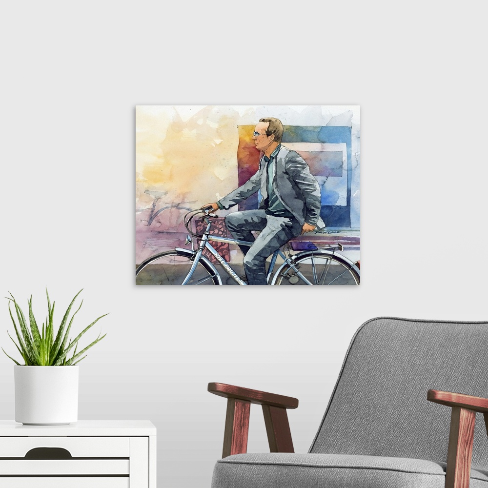 A modern room featuring Contemporary watercolor painting of a bicyclist in Lucca, Italy