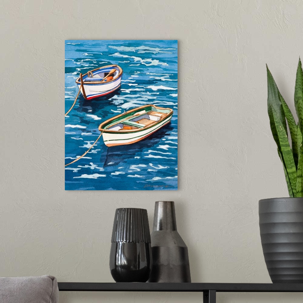 A modern room featuring Watercolor of two boats in Vernazza, Italy in Cinqueterra.