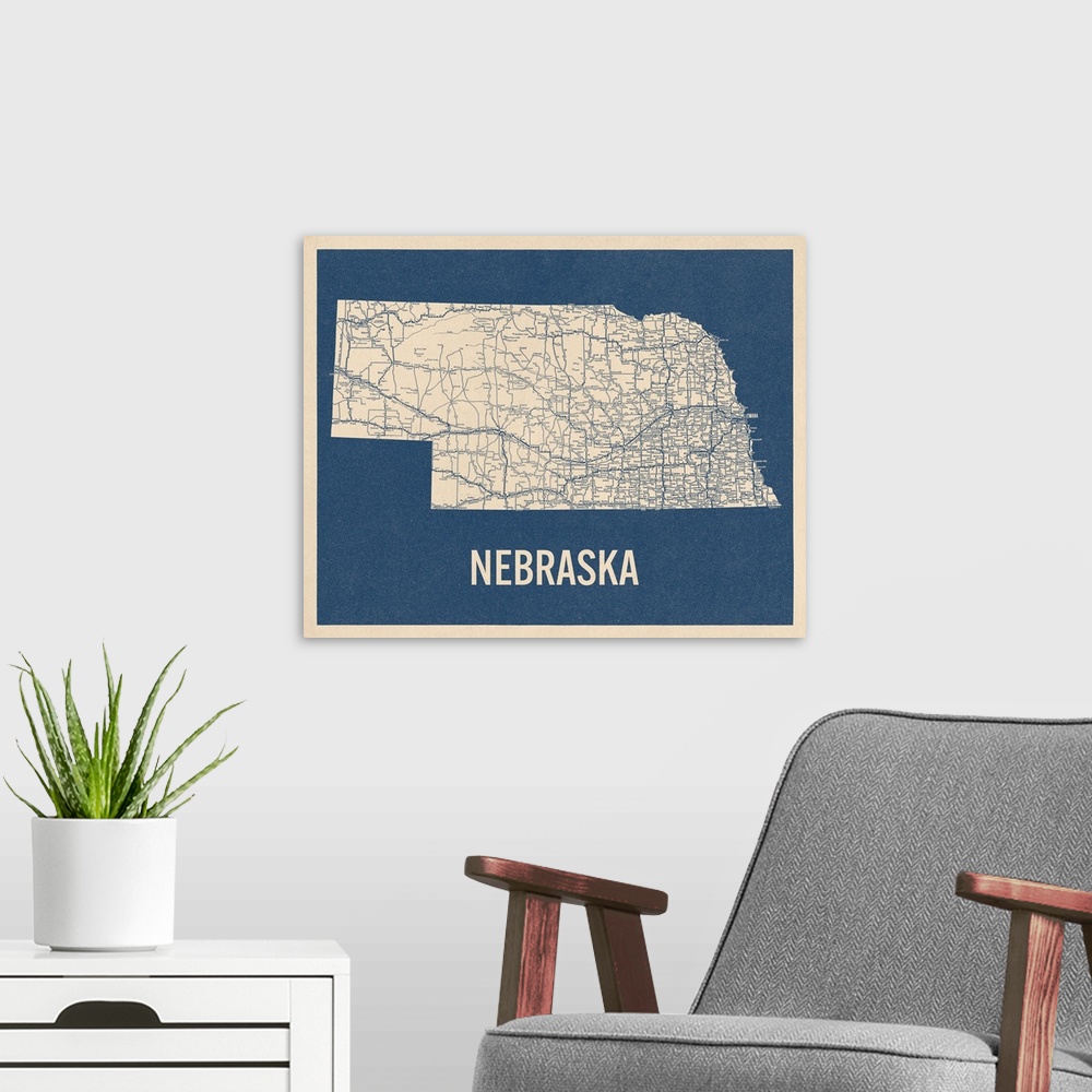 A modern room featuring Vintage Nebraska Road Map 2