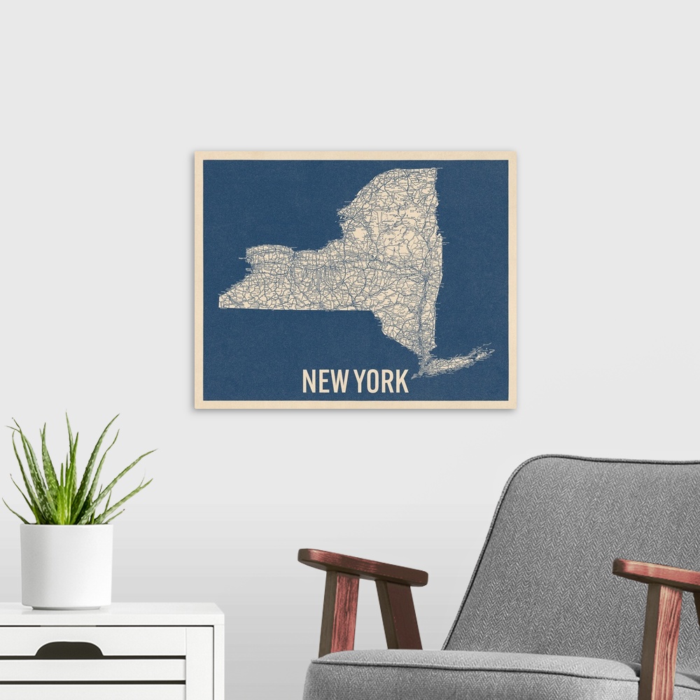 A modern room featuring Vintage New York State Road Map 2