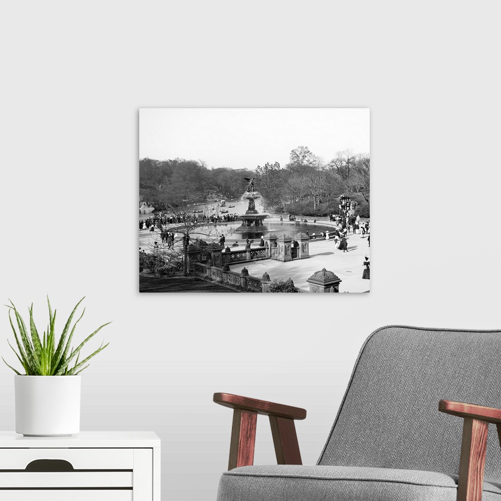 A modern room featuring Vintage photograph of Bethesda Fountain, Central Park, New York City