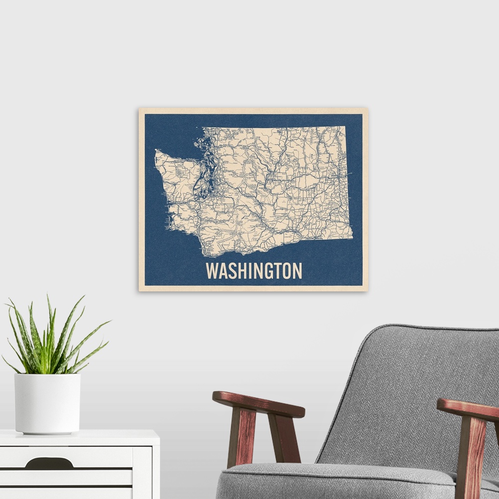 A modern room featuring Vintage Washington State Road Map 2