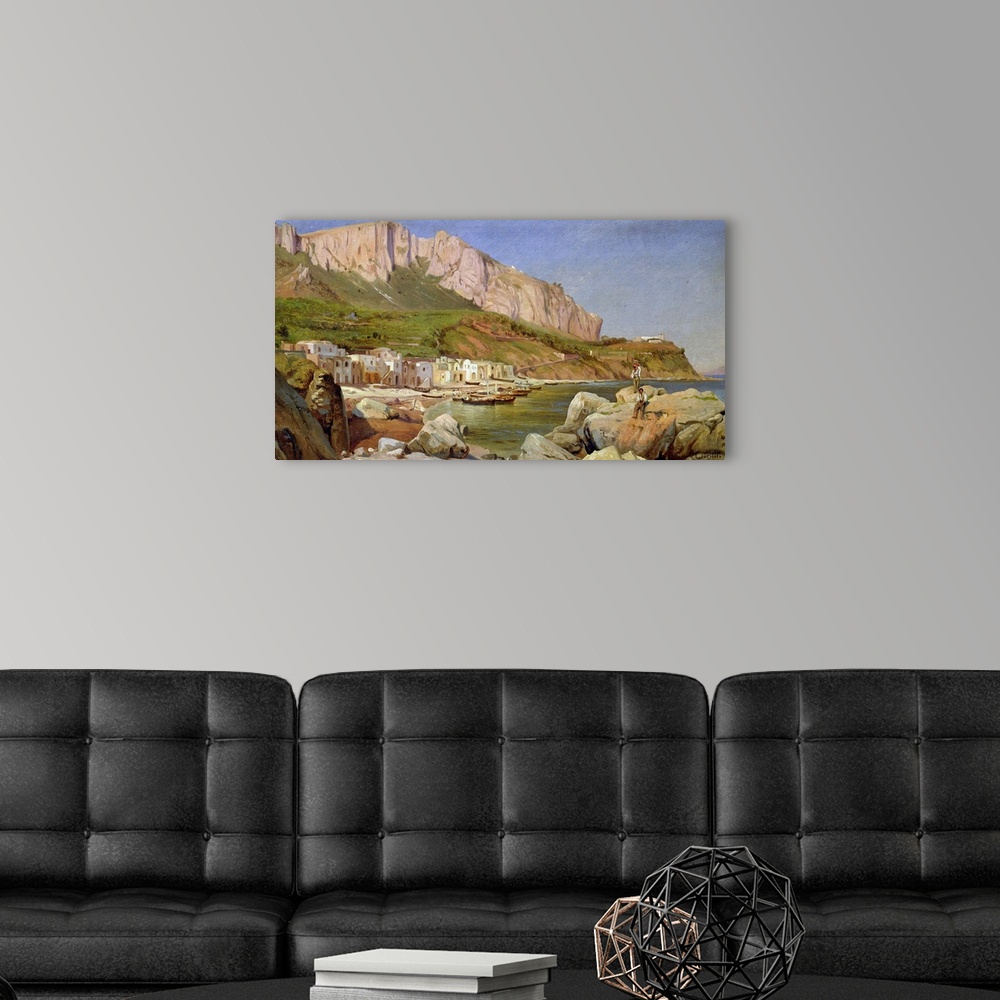 A modern room featuring Oil painting overlooking a small fishing village in a bay with large cliffs and rocks surrounding...