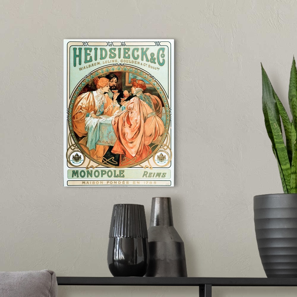 A modern room featuring Advertising poster for Heidsieck Champagne company, 1901.