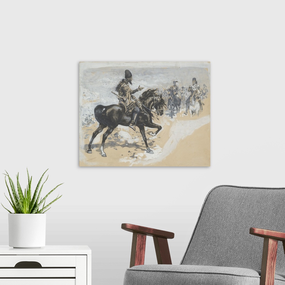 A modern room featuring Arabian Chief and Cavalrymen, brush and ink, wash, gouache, and graphite on board.