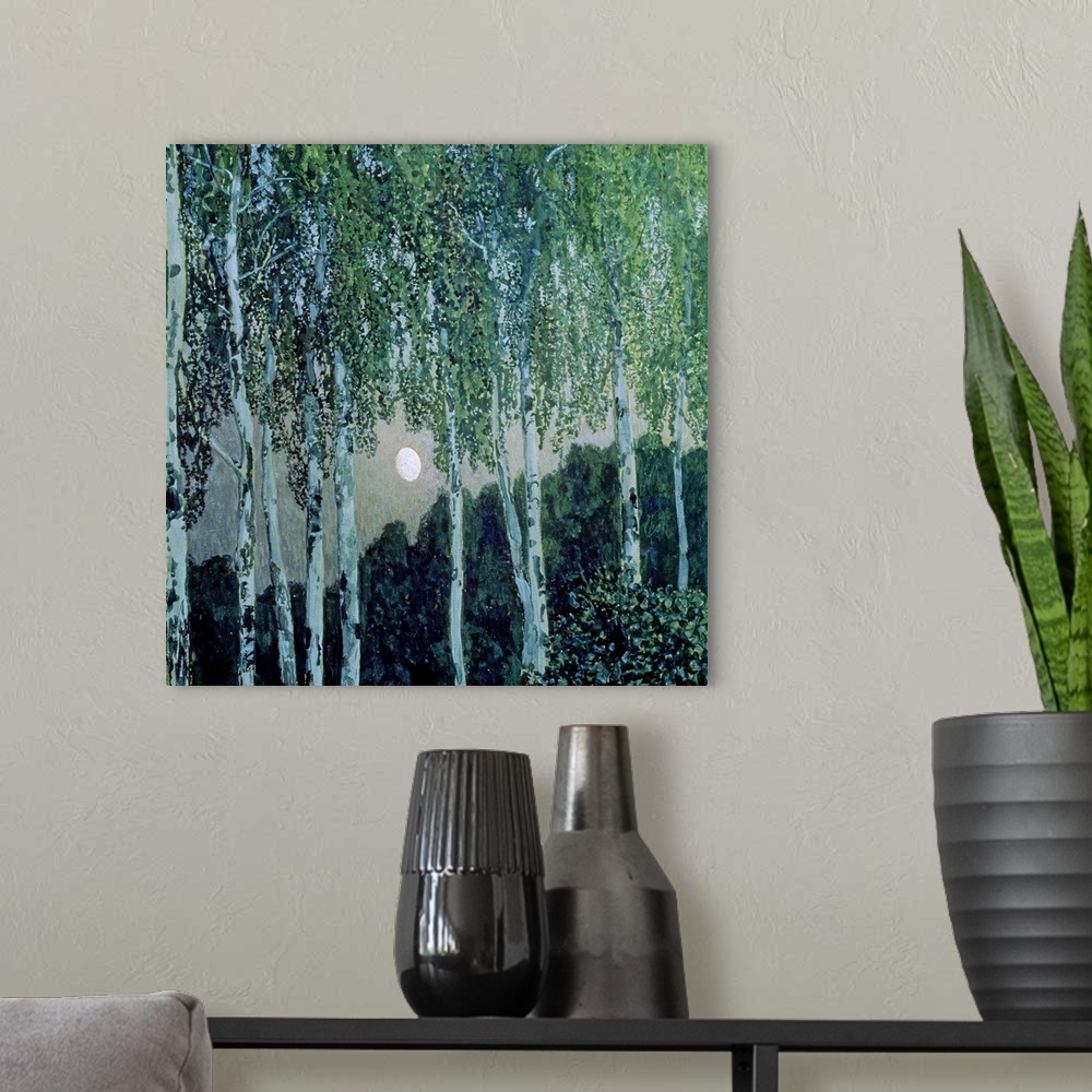 A modern room featuring Oil painting of tall trees in forest with tree tops in the background.  The moon is positioned be...