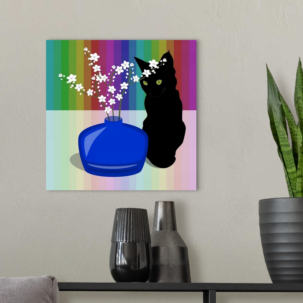 A modern room featuring Blue Glass Vase With Blossom And Black Cat