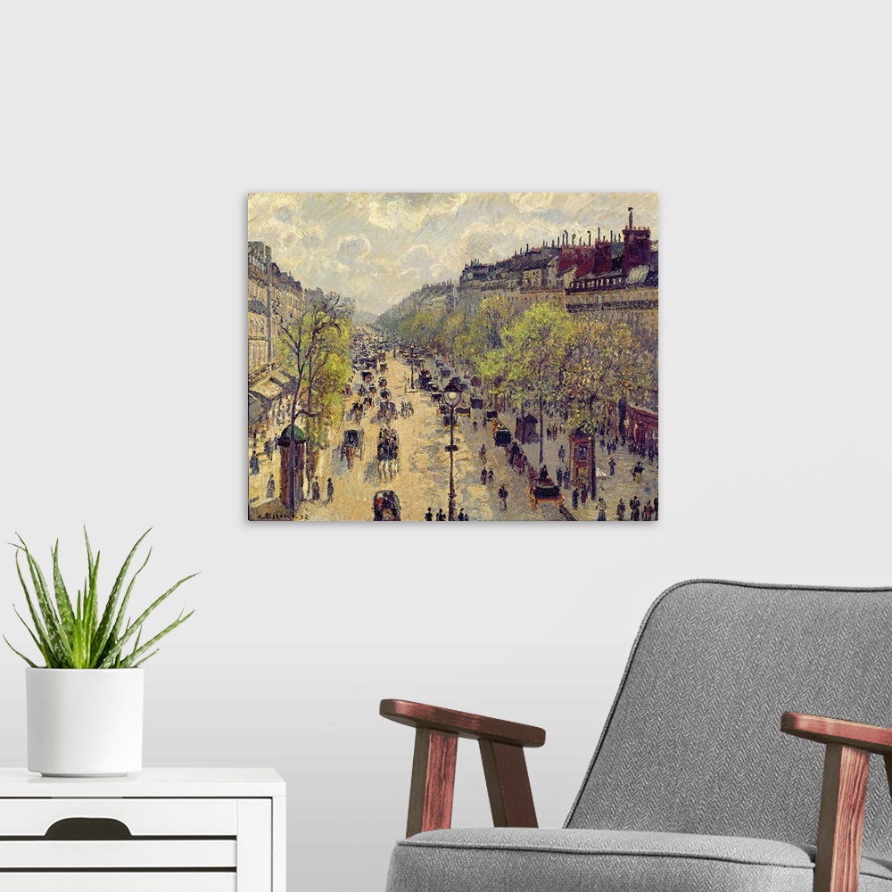 A modern room featuring Painting of busy street filled with pedestrians and horse carriages.  The street is lined with st...