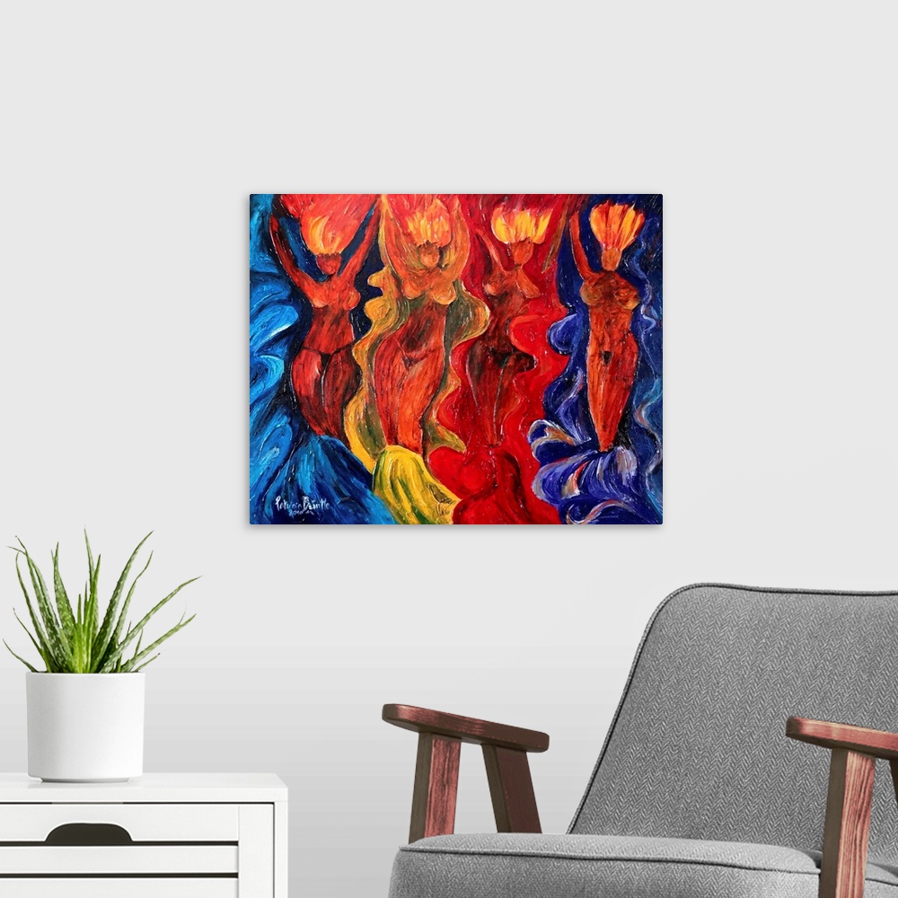 A modern room featuring Abstract contemporary art of female figures dancing.