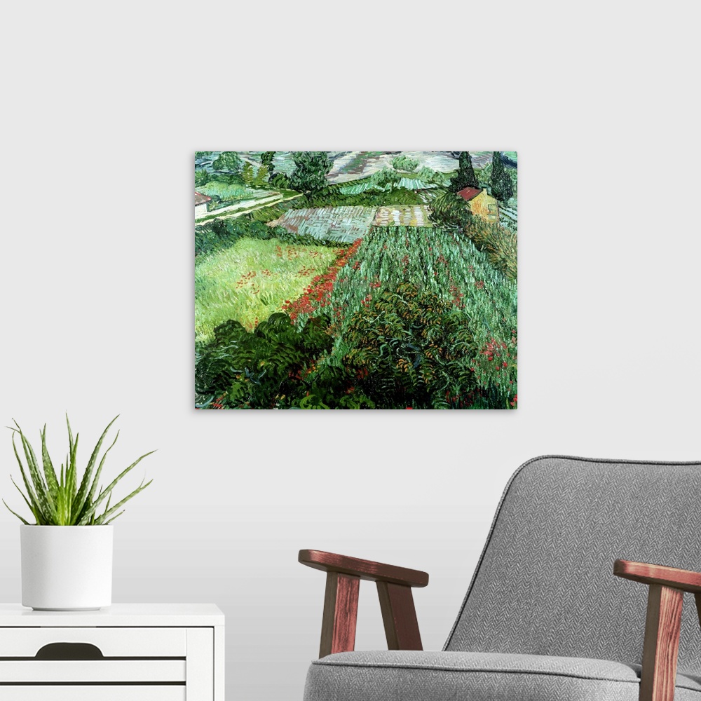A modern room featuring Classic oil painting by Vincent Van Gogh of a field of flowers from 1889.