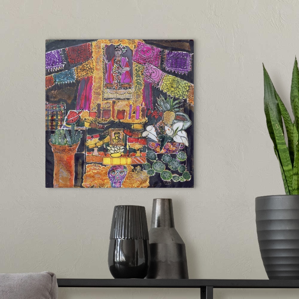 A modern room featuring Dyed silk painting of a shrine to the painter Frida Kahlo.