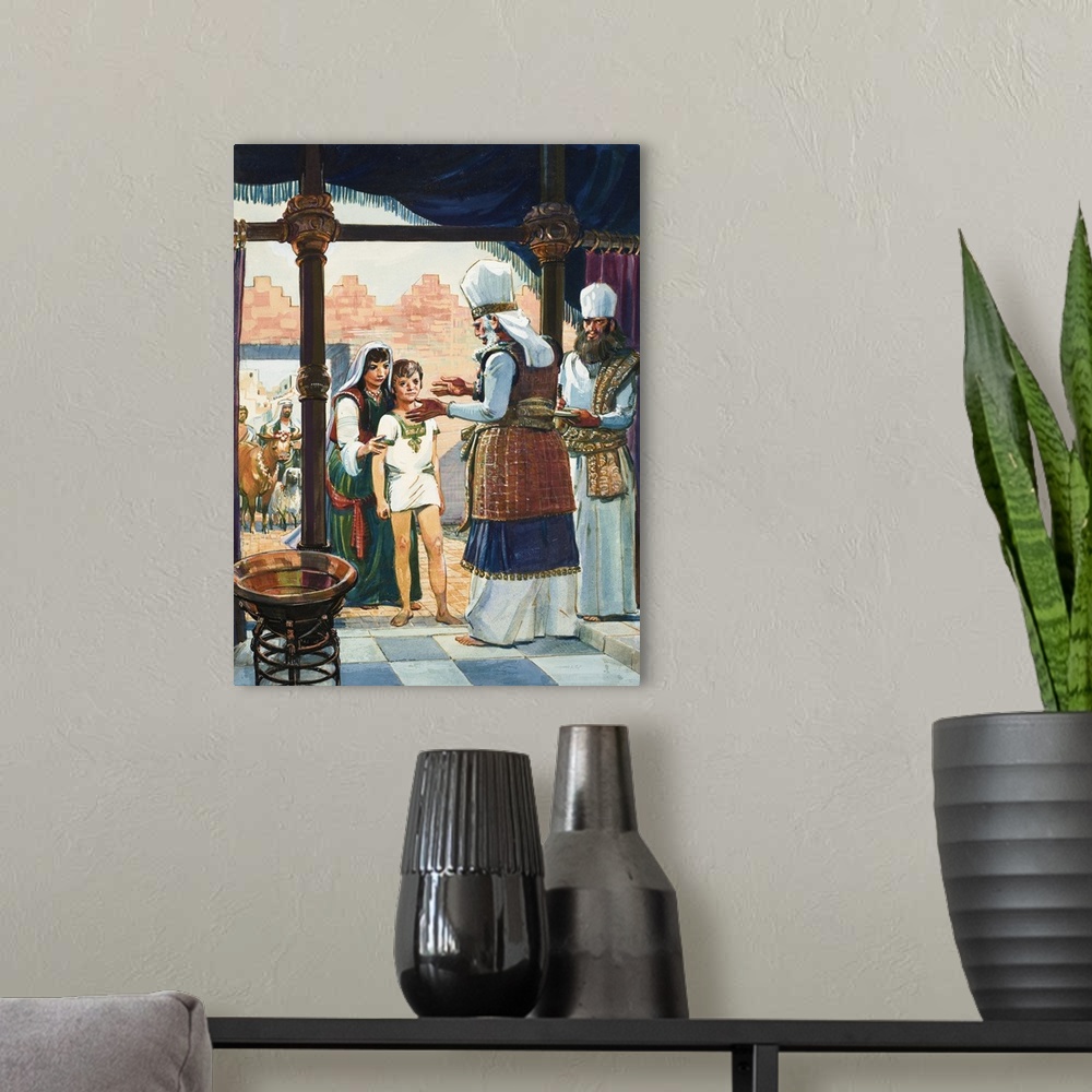 A modern room featuring Hannah with her son Samuel. Our picture show the Hight Priest Eli receiving Samuel, the boy who w...