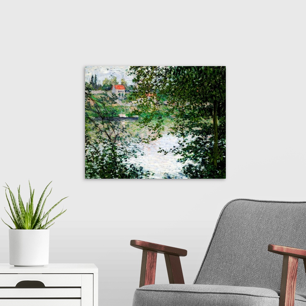 A modern room featuring An artistic painting of small houses on a river bank that is viewed through thick brush and trees.