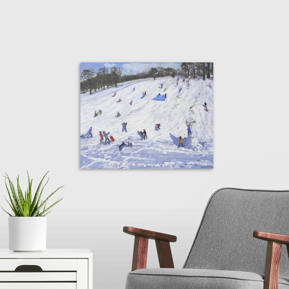 A modern room featuring Contemporary painting of children sledging down a large hill in winter.