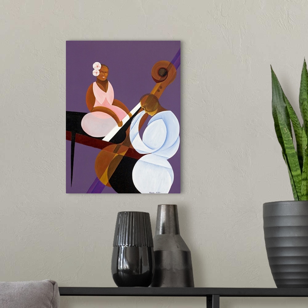 A modern room featuring Giant contemporary art showcases a man playing a double bass, while a woman behind him plays the ...