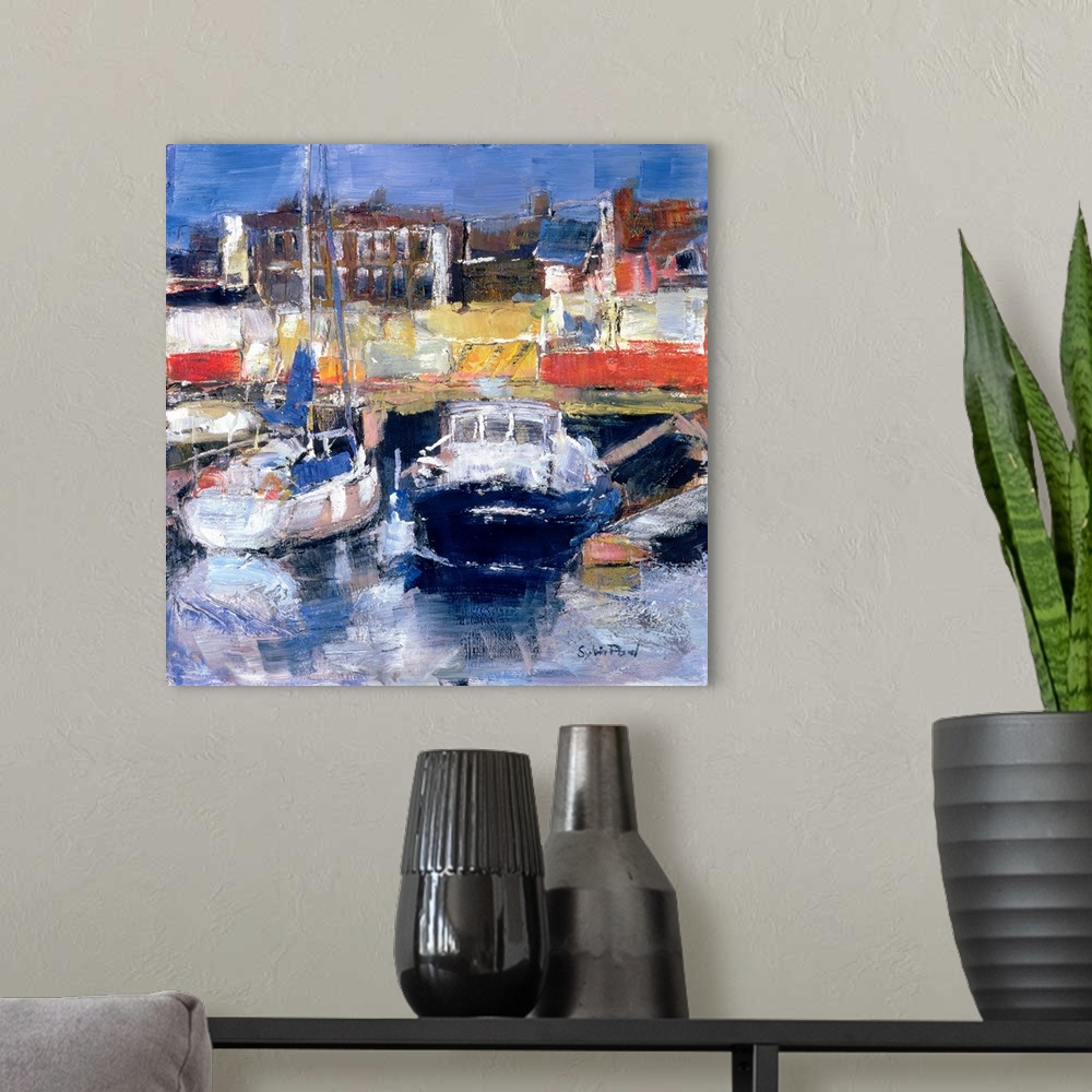 A modern room featuring Contemporary painting of boats docked in a harbor.