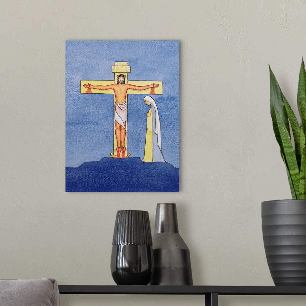 A modern room featuring Mary stands by the Cross as Jesus offers His life in Sacrifice, 2005