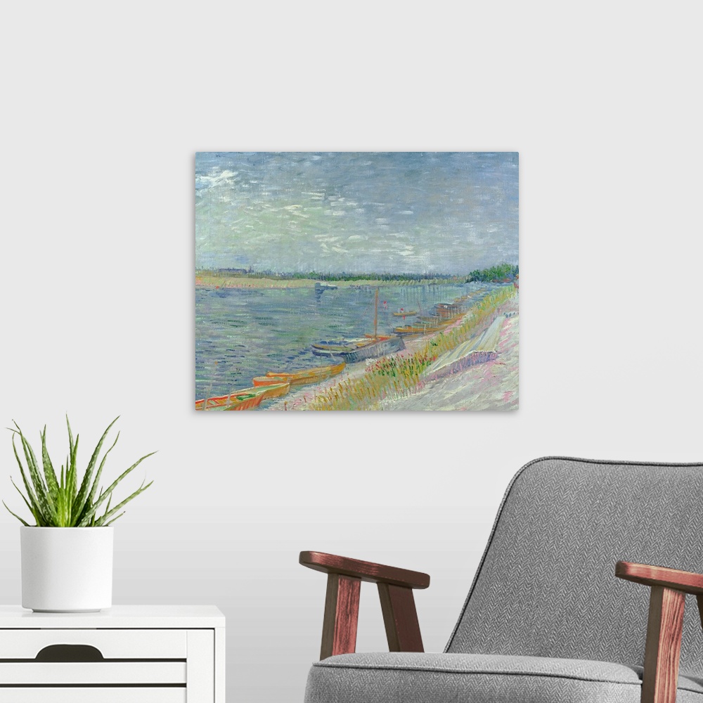 A modern room featuring Decorative artwork for the home of boats sitting on the edge of the water and beach. Grass and fo...