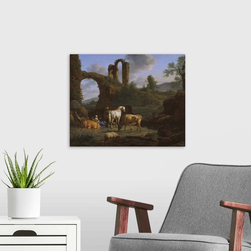 A modern room featuring Pastoral Landscape with Ruins, 1664, oil on canvas.