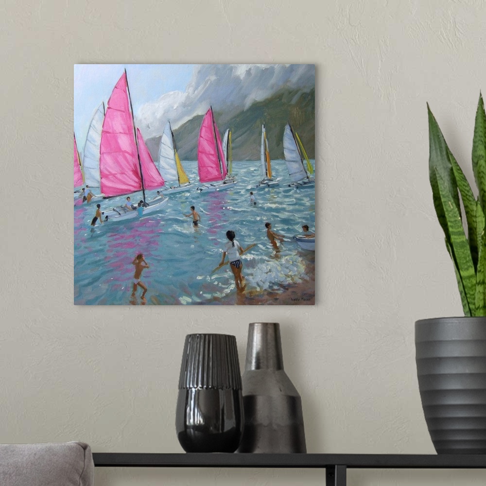 A modern room featuring Pink and white sails, Lefkas, 2007, (originally oil on canvas) by Macara, Andrew
