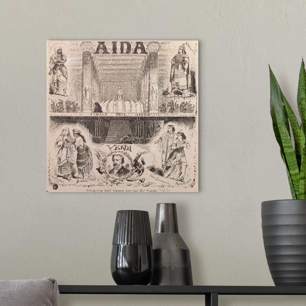 A modern room featuring Poster advertising a performance of Aida by Verdi, 1872
