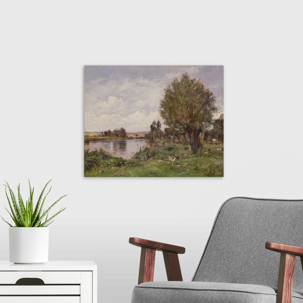 A modern room featuring Rural river scene, 1875 (oil on panel)
