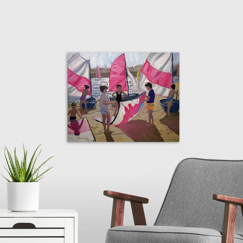 A modern room featuring This piece of classic artwork shows several children on the beach as they attach their sails to t...