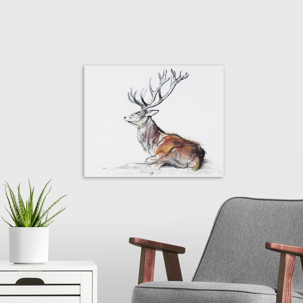 A modern room featuring Big sketch on canvas of a deer on a blank background.