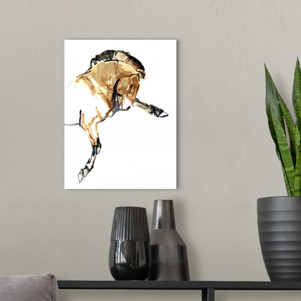 A modern room featuring Contemporary artwork of a Mongolian Przewalski horse rearing up against a white background.