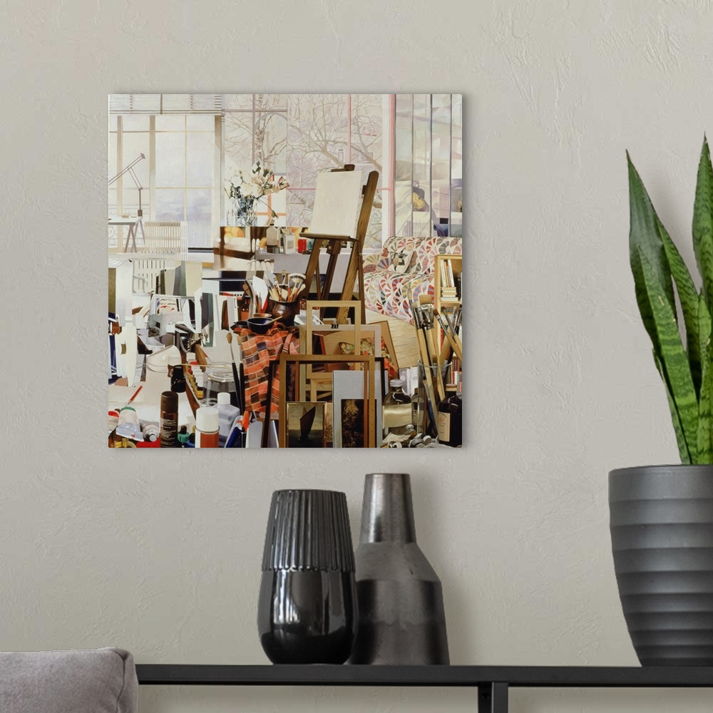 A modern room featuring Contemporary painting of an easel in a cluttered studio.