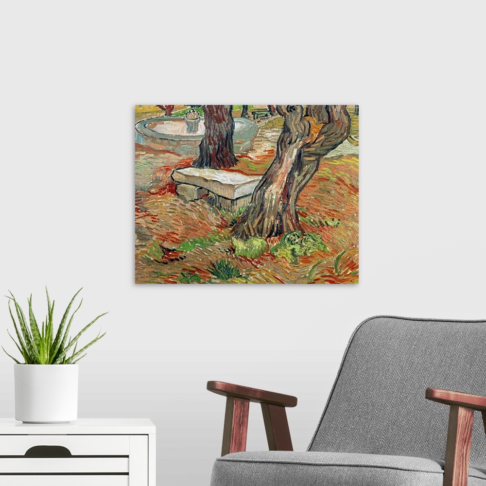A modern room featuring Big, horizontal classic painting of a stone bench between two large trees in a grassy landscape, ...