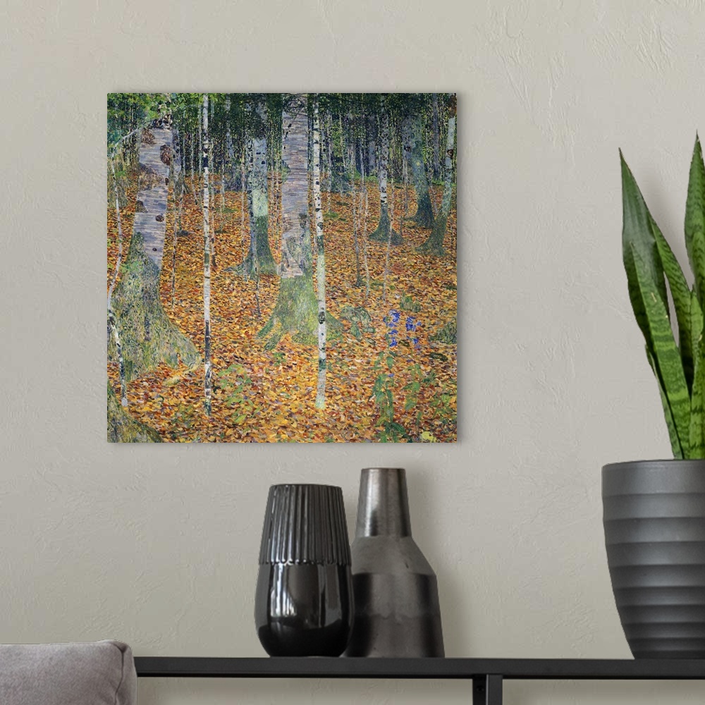 A modern room featuring A square, modern art painting of a forest floor covered with leaves and moss covered birch trees.