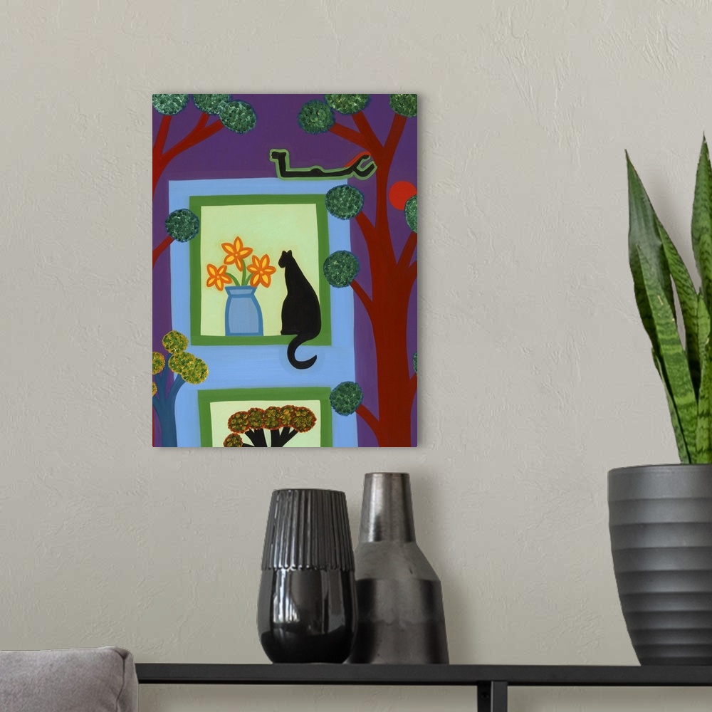 A modern room featuring Contemporary painting of a cat sitting on a windowsill next to a vase with flowers.